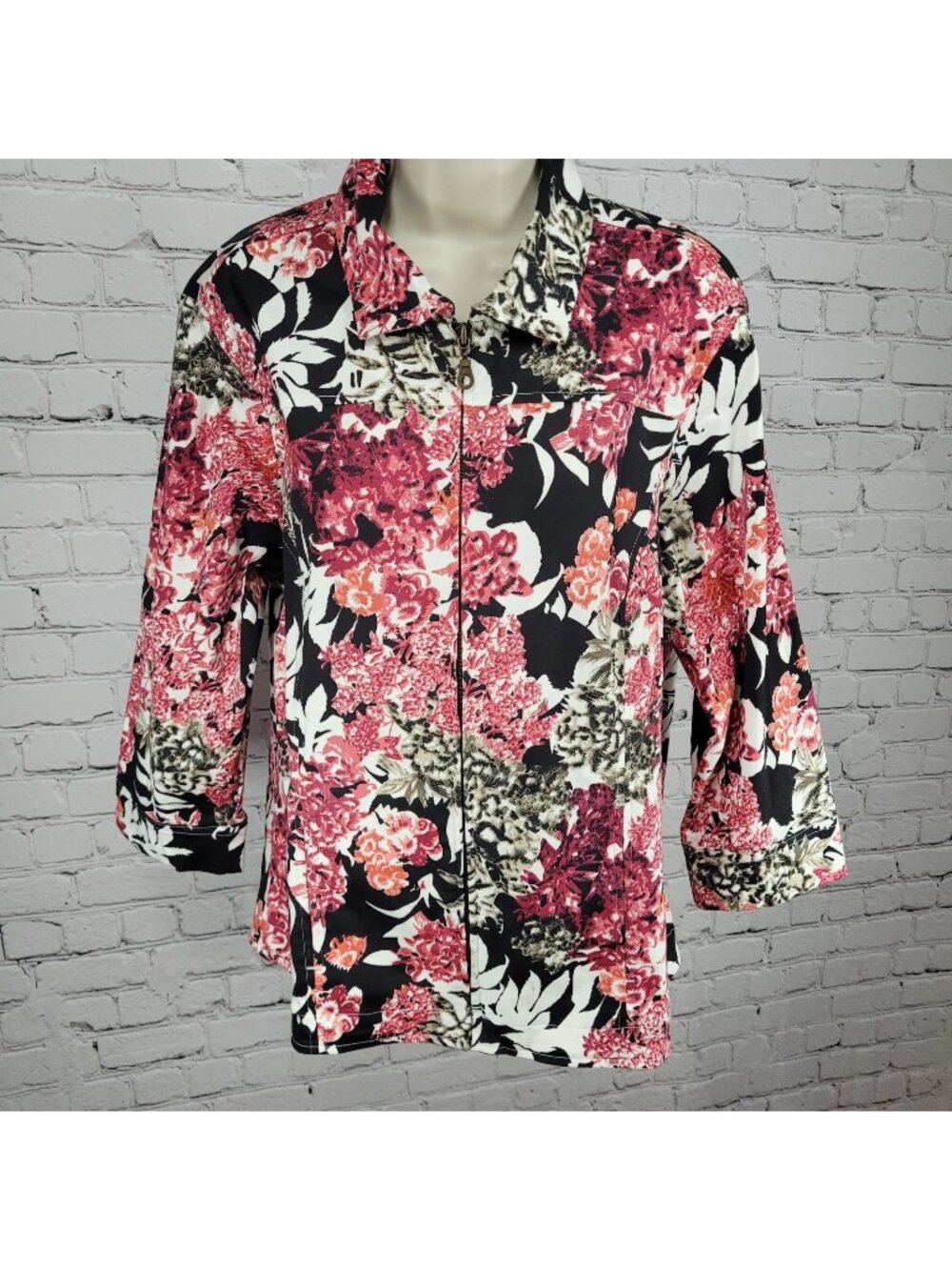 Keren Hart Pink & Black Floral Cotton Stretch Unlined Zip Jacket Size Large L